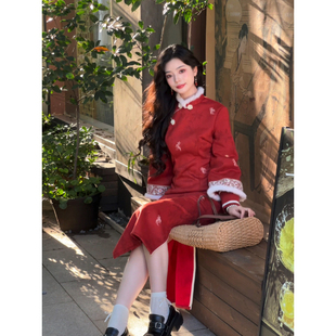 故双栖【韶华】新中式改良红色订婚长袖旗袍女小个子秋冬加绒加厚