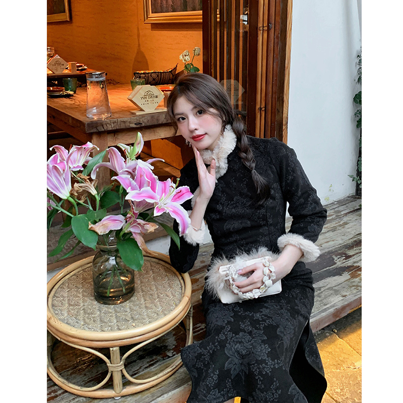 故双栖新中式黑色毛呢旗袍女秋冬