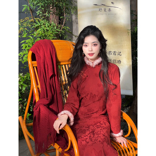 2025新款 红色订婚旗袍女秋冬装 结婚敬酒服加绒加厚 璎珞 故双栖