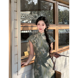 故双栖【槐夏风清】绿色新中式改良新款复古旗袍小个子民国风女装