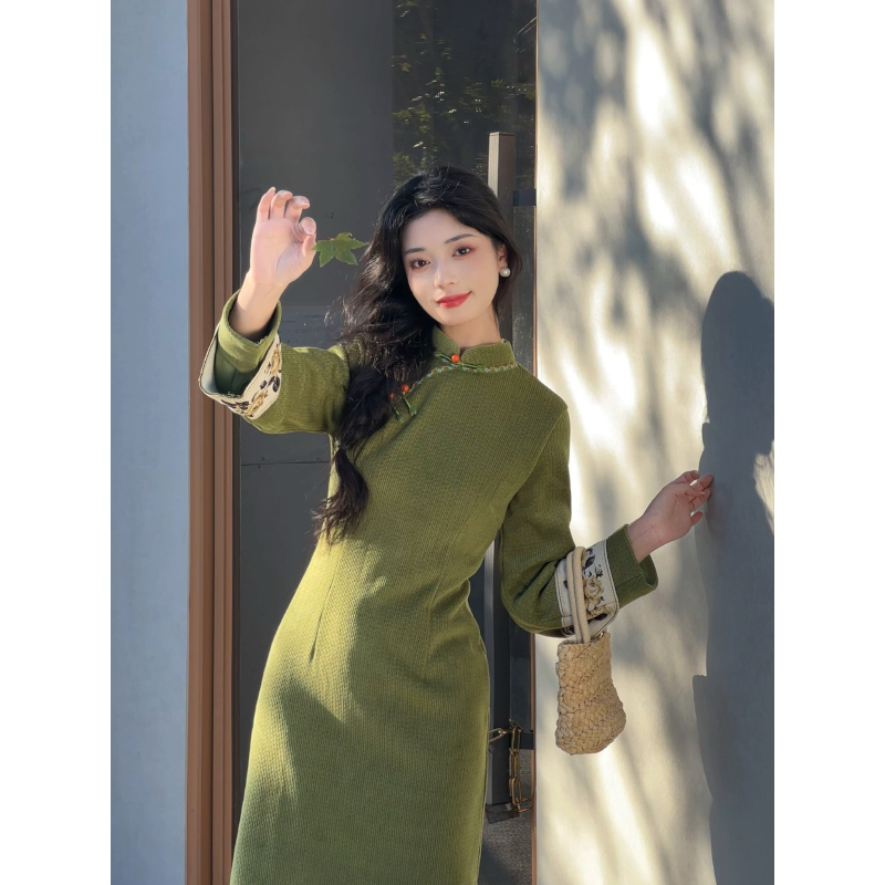 故双栖【浮光竹影】冬季日常绝美国风旗袍绿色新中式加绒秋冬长袖