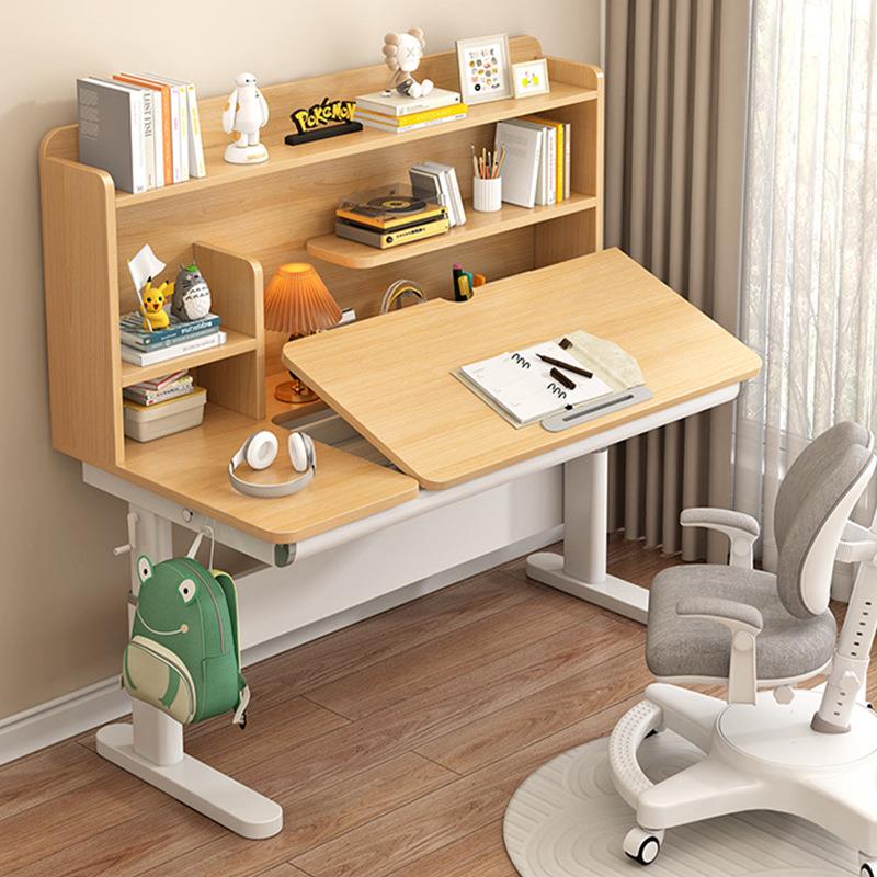 儿童学习桌家用中小学生写字桌椅套装可升降原木色实木