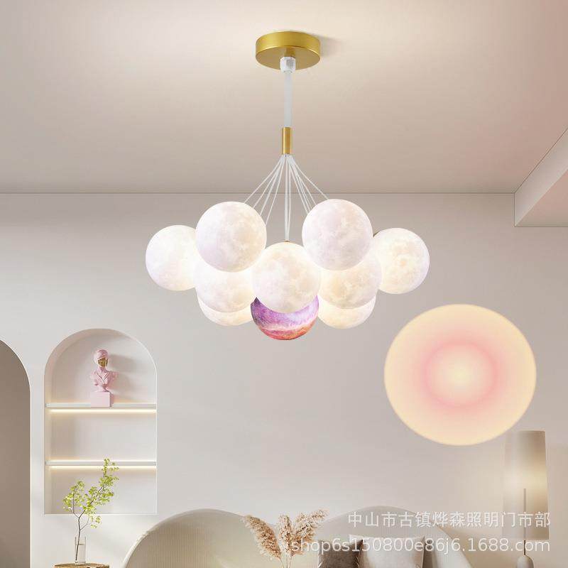 奶油风卧室吊灯北欧灯具创意月球泡泡灯客厅餐厅儿童房星球灯吊线