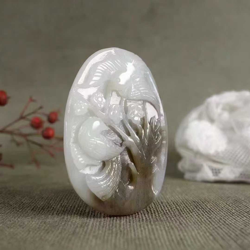 天然新疆和田玉玉器工厂店且末糖料喜上眉梢玉石花鸟吊坠挂件带证