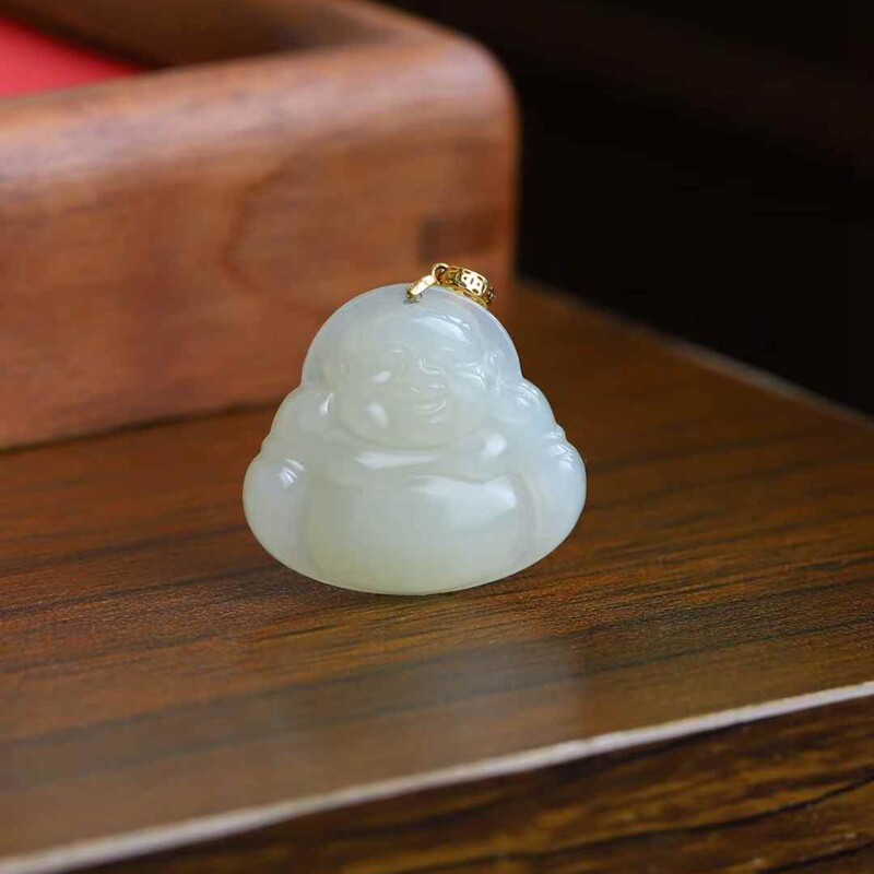 和田玉工厂店天然新疆和田玉韩料白玉工艺品玉石弥勒佛吊坠带证书