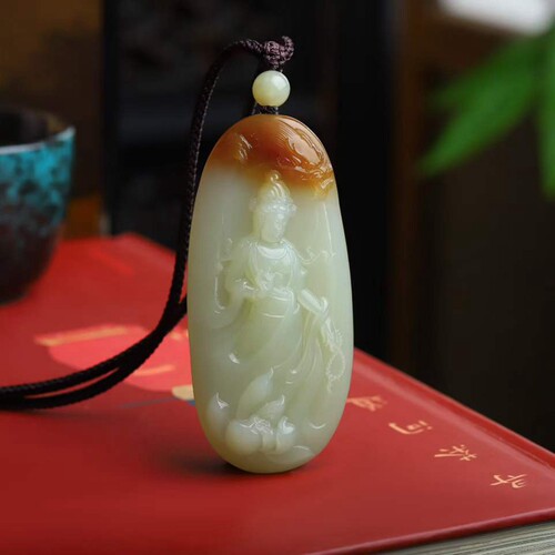 天然和田玉玉器工厂店新疆且末料老料俏糖色玉石莲花观音吊坠挂件