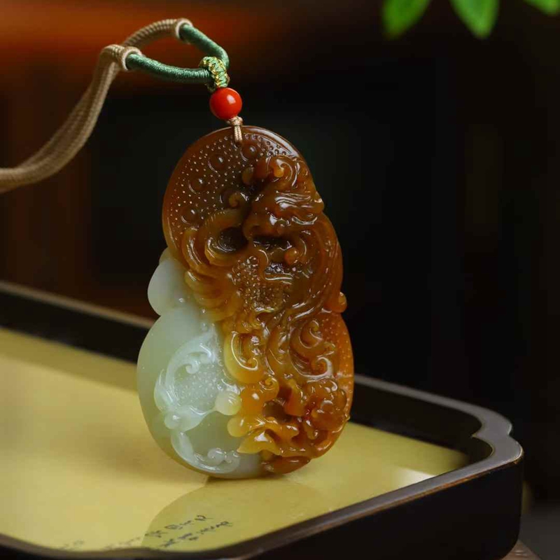 天然新疆和田玉玉器供应链且末糖料老料俏糖色玉石凤凰戏牡丹吊坠