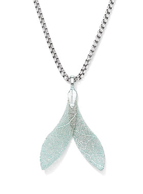 XXOFF绿色鱼尾天然树叶吊坠钛钢十字链项链