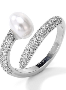 XXOFF银白色白金闪钻珍珠蛇骨开口可调女士戒指