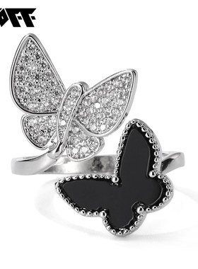 XXOFF 铜镀银闪钻黑白双蝴蝶开口可调节女士戒指