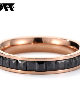 XXOFFIns风黑色锆石钛钢玫瑰金素圈女士戒指