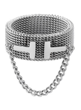 XXOFF链条交织字母T古巴挂链钛钢女士戒指