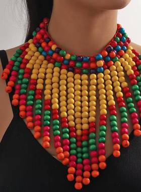 非洲风情图案三角巾木珠项链饰品民族风夸张necklace women