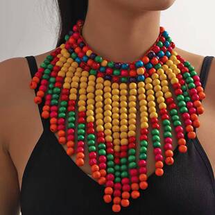 非洲风情图案三角巾木珠项链饰品民族风夸张necklace women