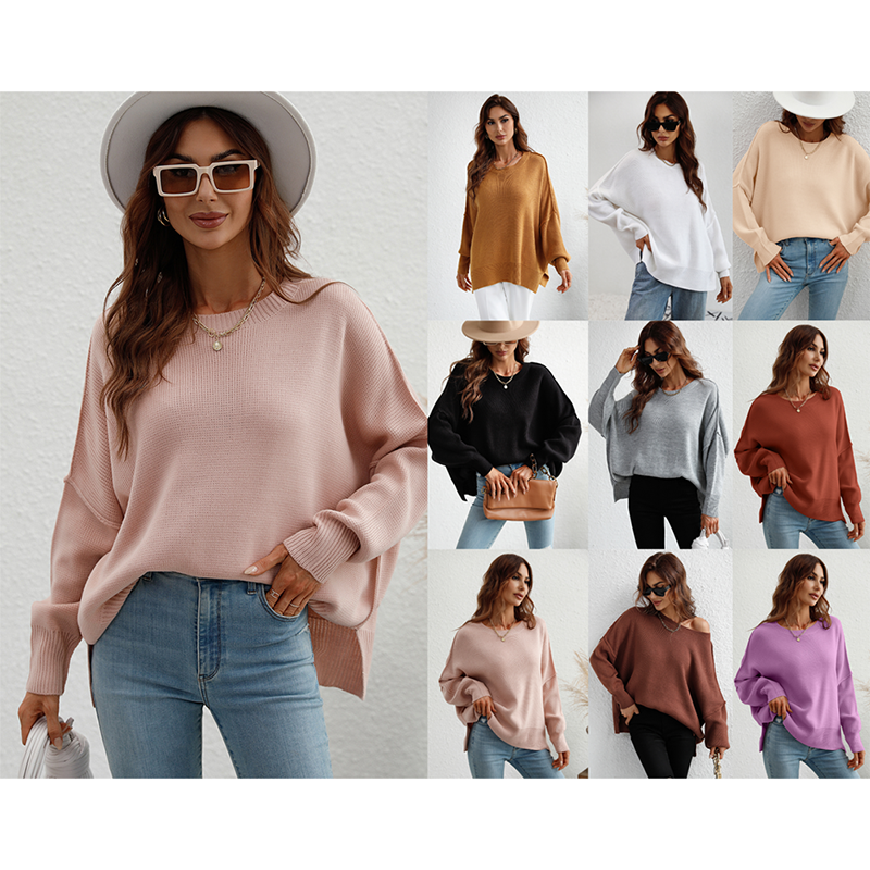 Long sleeve round neck loose solid color top宽松纯色长袖上衣