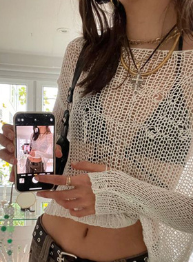 Y2K Distressed Crochet Pullovers Summer 2000s Knit Smock Top