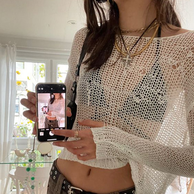 Y2K Distressed Crochet Pullovers Summer 2000s Knit Smock Top