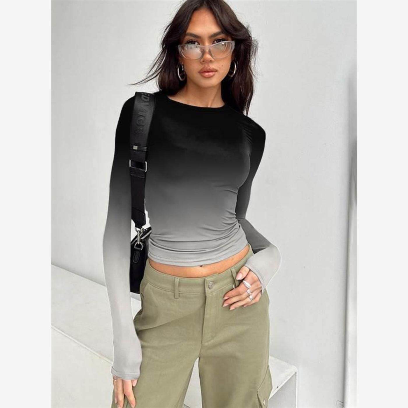 长袖修身性感圆领渐变上