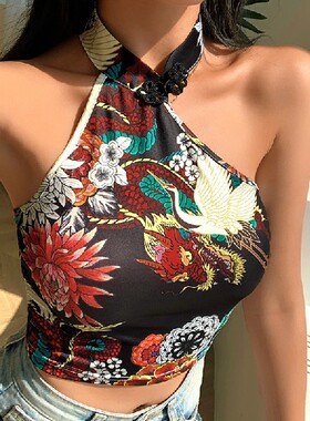 ladies Chinese Style Tops Dragon Floral Tee Crop Top Tank