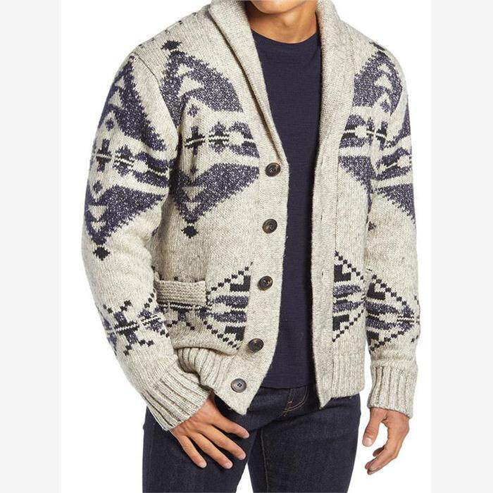 2024秋冬款男士翻领单排扣外套长袖提花针织开衫毛衣Men Knitwear