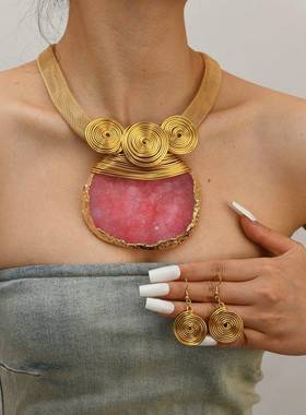 新款夸张华丽几何彷水晶吊坠锁骨炼宴会项炼耳环套组女necklace