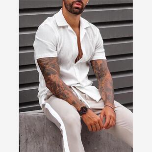 外贸男装2024欧美男士宽松休闲古巴领短袖衬衫大码衬衣Men Shirts