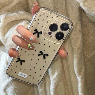 黑色波点蝴蝶结透明适用于苹果17 15简约14可爱13promax手机壳12软壳全包