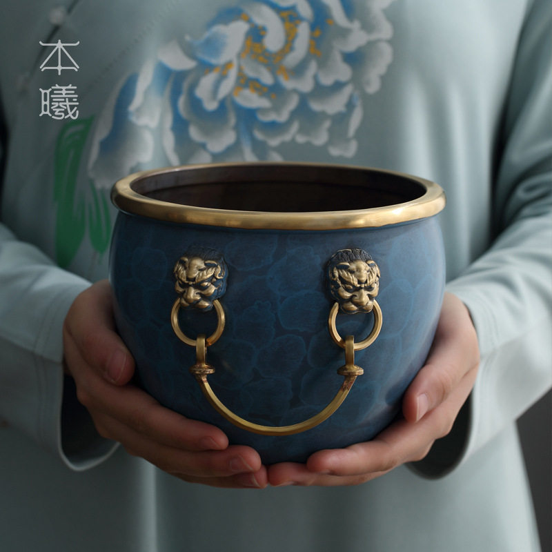 黄铜茶洗茶渣缸杯洗大号特大建水笔洗水盂家用小号故宫缸日式禅意