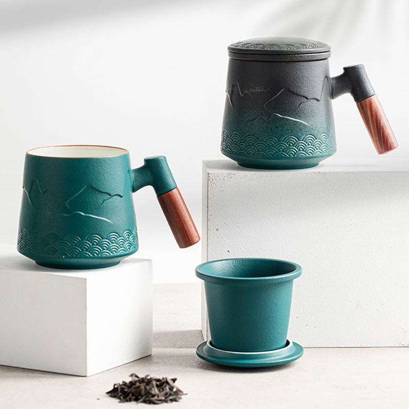 陶瓷木柄个人马克杯过滤带盖喝水杯子茶水分离大容量送礼加logo