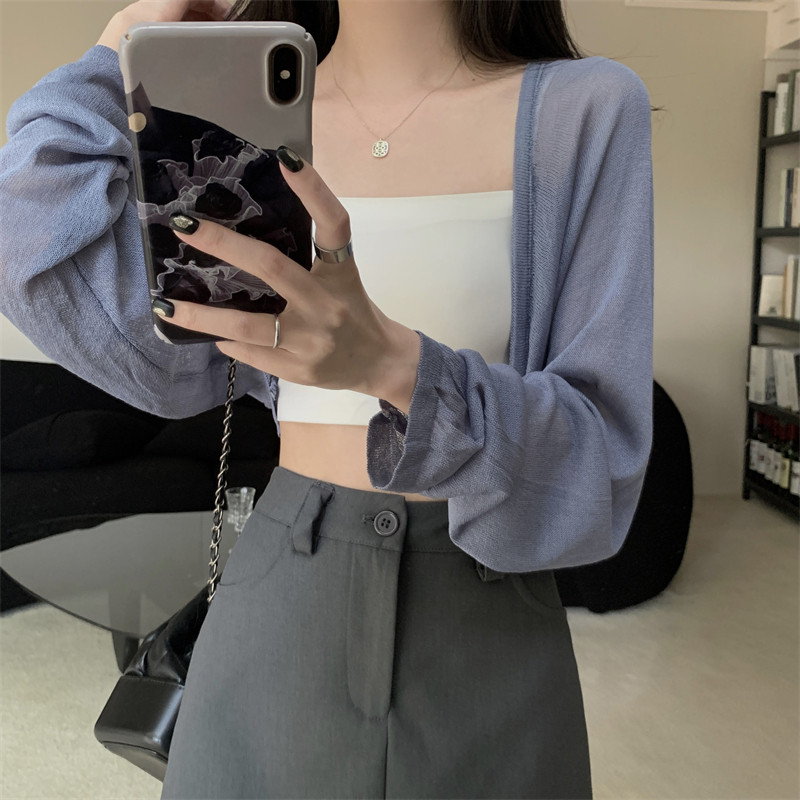 白色短款防晒针织开衫女夏季薄纱冰丝吊带裙外搭外套透视披肩上衣