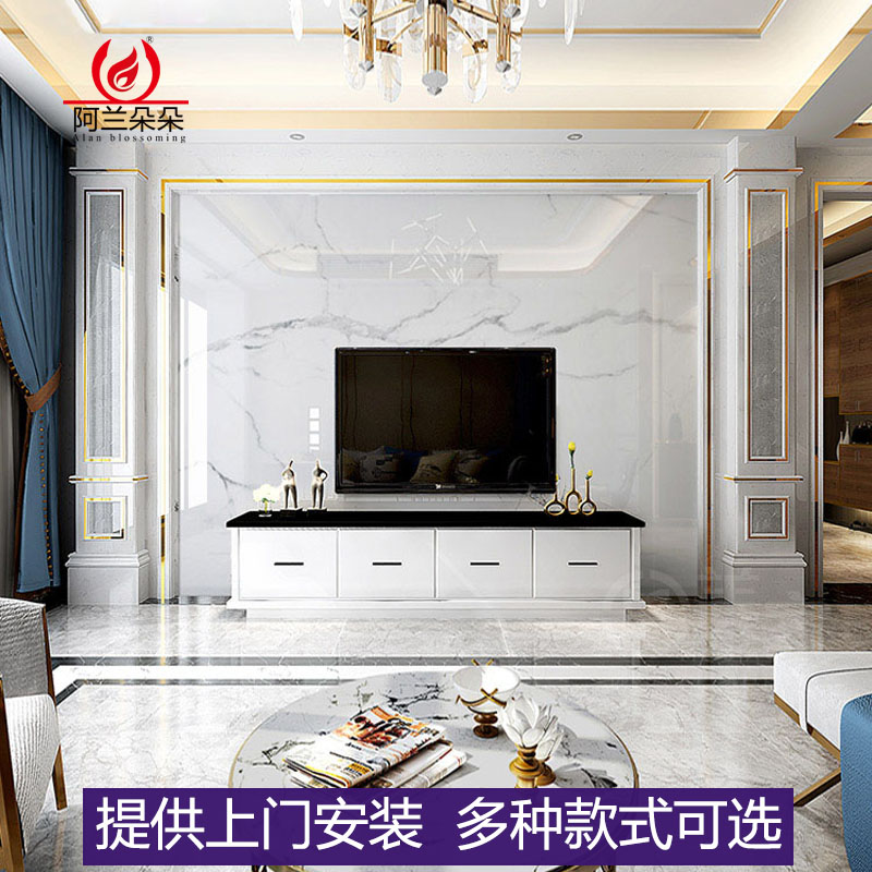 大理石背景墙瓷砖电视墙客厅简约现代石材轻奢大板影视墙边框造型