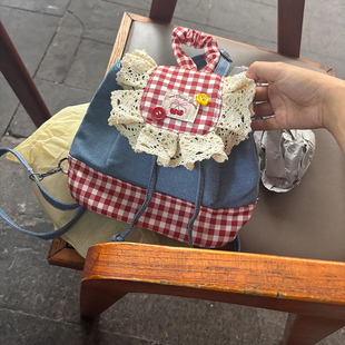 手提包 蕾丝红格双肩背包女生高颜值大学生上班族通勤拎包百搭时尚