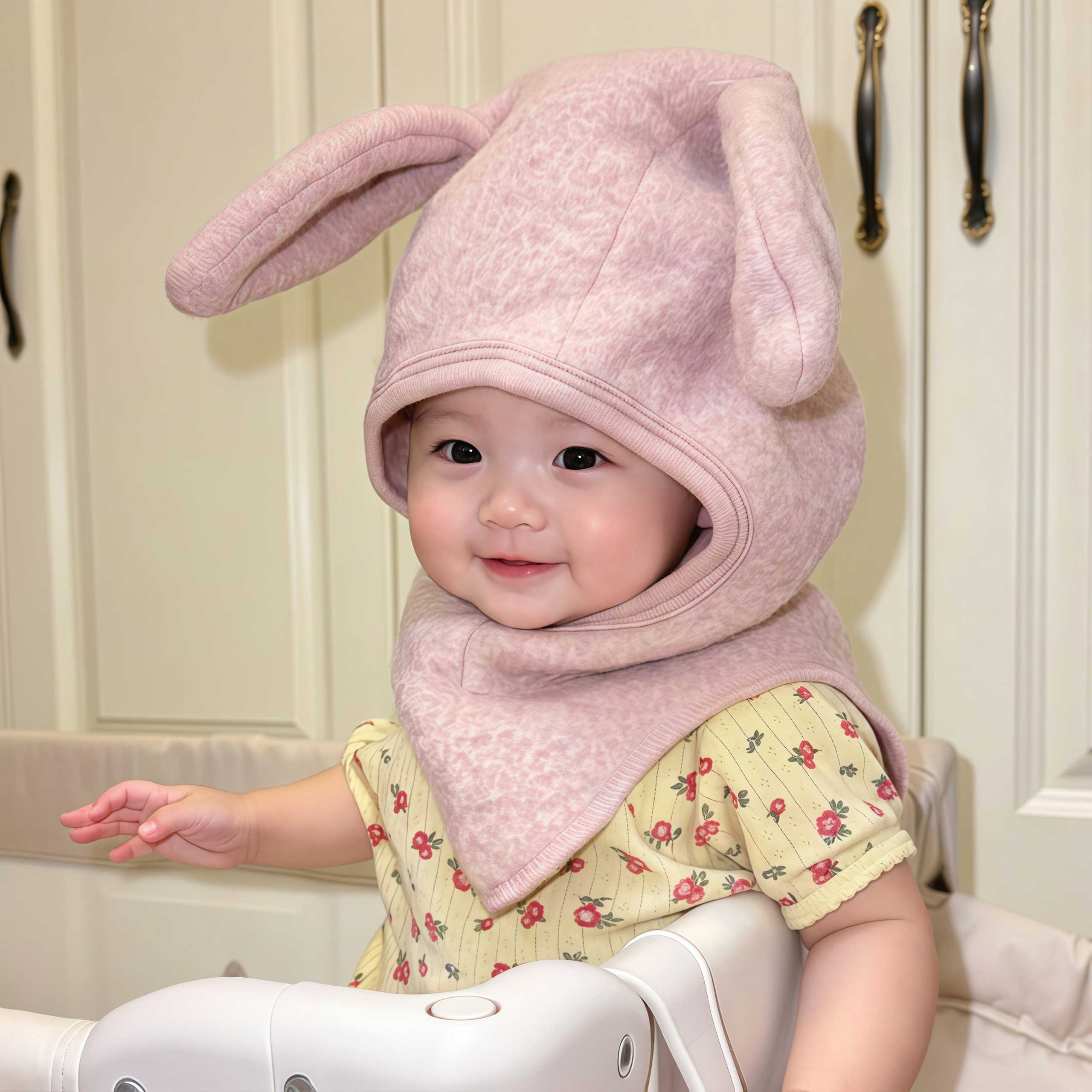宝宝帽子小月龄秋冬兔耳朵围脖连体帽男女宝宝保暖防风护耳一体帽