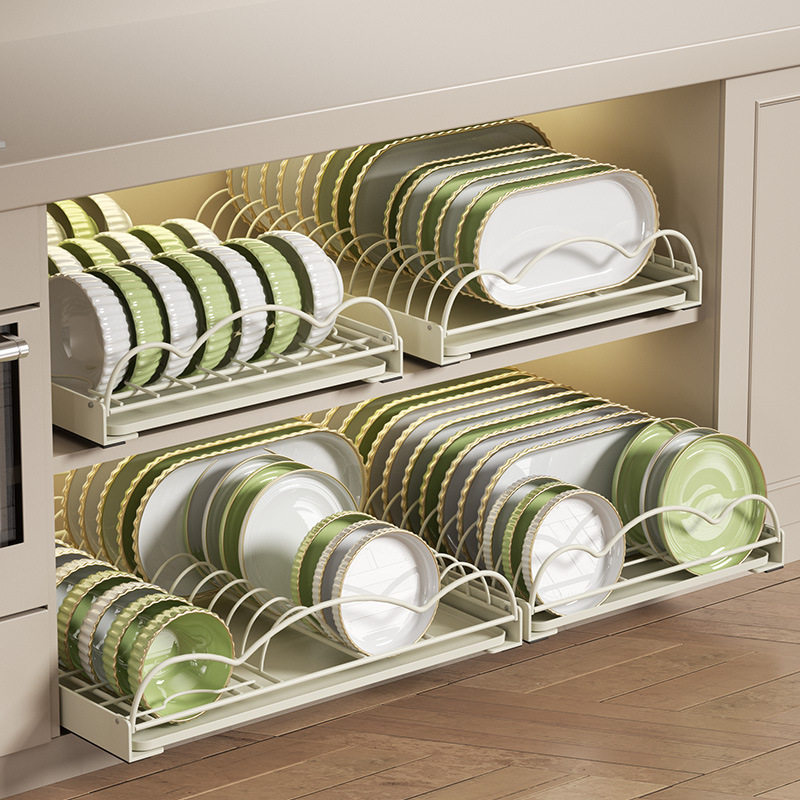 厨房橱柜新款奶油风沥水拉篮碗碟盘抽拉置物架抽屉式免安装收纳架,家装主材,拉篮,淘宝优惠券,粉丝福利购,淘宝优惠卷