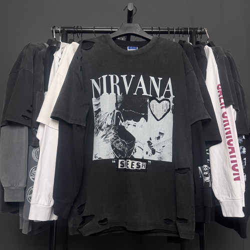 孤品手工！Nirvana涅槃乐队1989专辑Bleach破洞重磅贴布长袖T恤