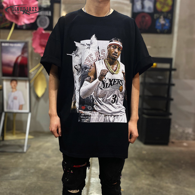 ai艾弗森t恤男宽松加大码美潮嘻哈高街oversize落肩款重磅半袖