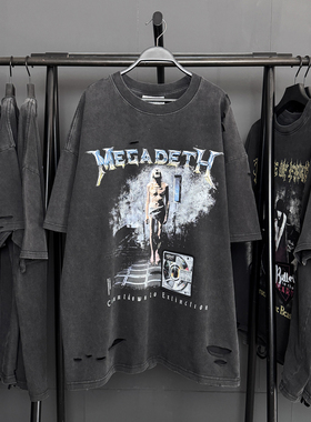 孤品手工！麦加帝斯1992Countdown to Extinction破洞贴布短袖T恤