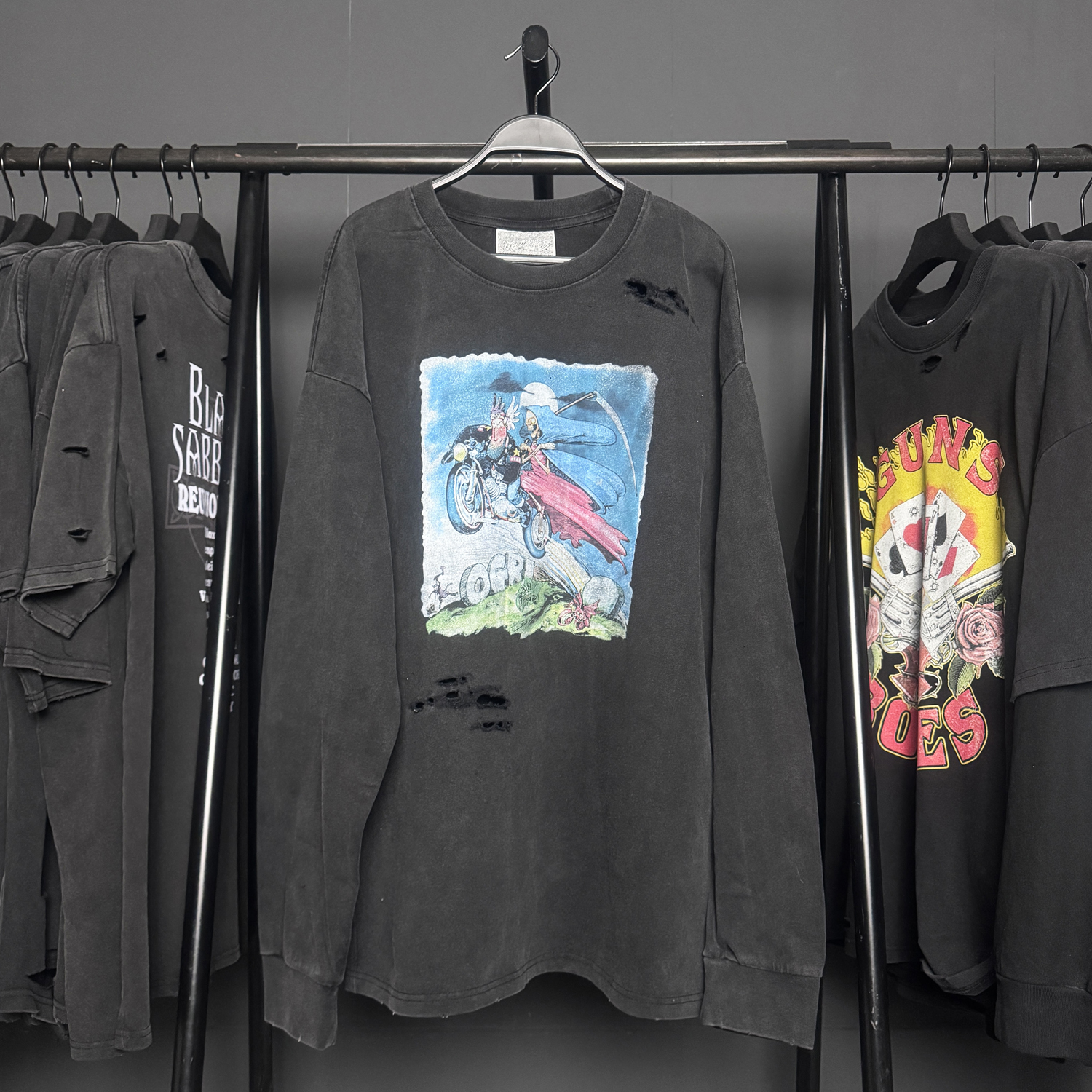 孤品手工！Black Sabbath水洗破坏破洞重磅街穿搭男女同款长袖T恤