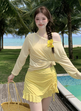 大码胖mm泳衣女黄色分体性感长袖罩衫比基尼三件套辣妹度假风温泉