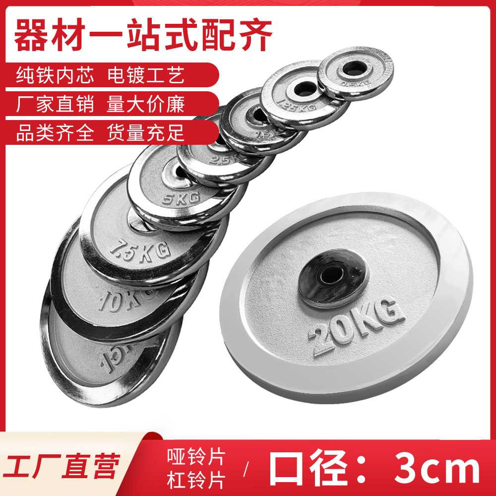 铸铁哑铃片全铁小孔杠铃片用健身器材5-20kg电镀片体能训练