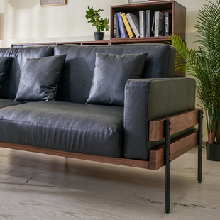 北美黑胡桃木头层牛皮沙发实木复古工业风客厅三人位中古软包直排