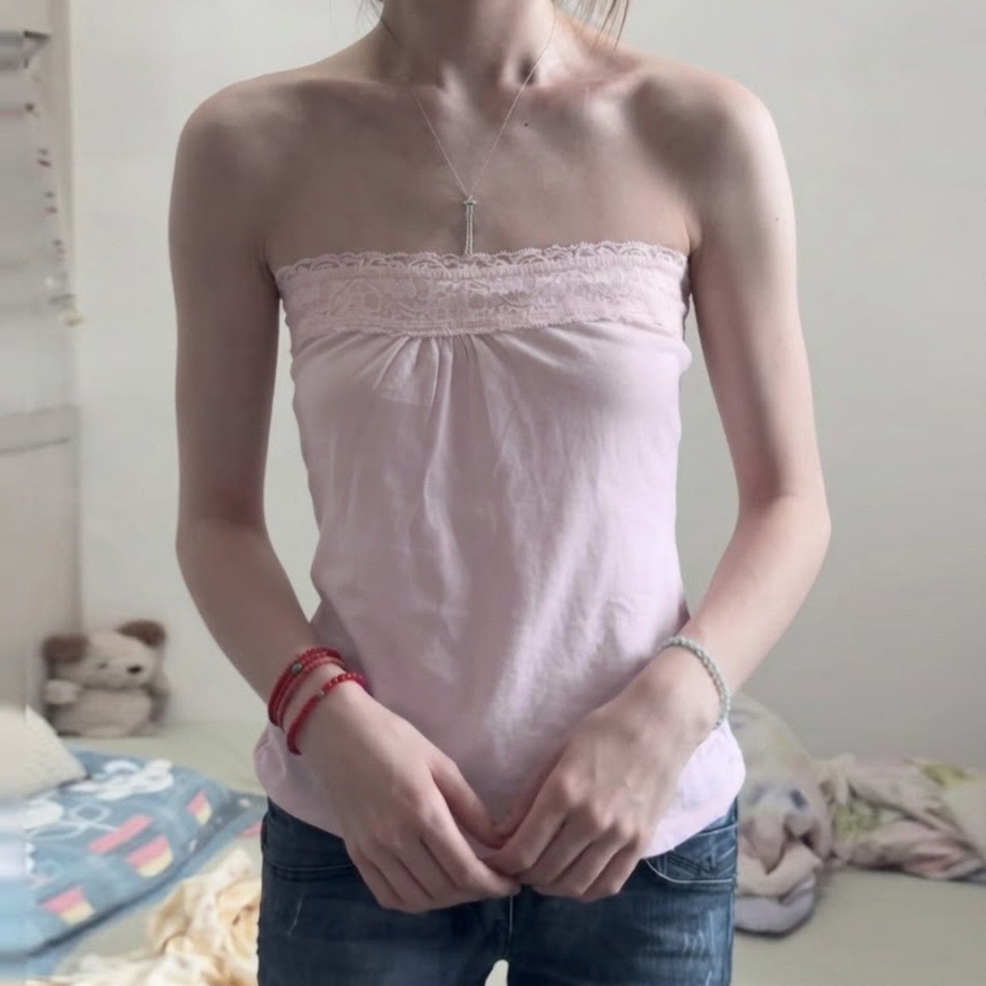 IUAE法式甜辣风蕾丝花边抹胸背心女修身显瘦百搭内搭外穿粉色上衣