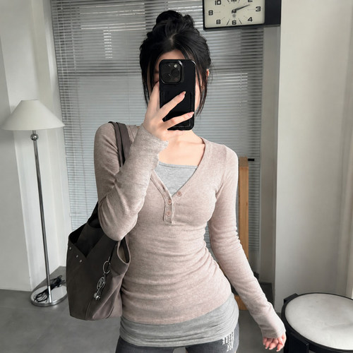 设计感美式复古假两件亨利衫女