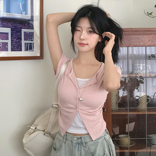 上衣女减龄显白拼接少女感T恤 IUAE「甜美粉色」条纹假两件短袖