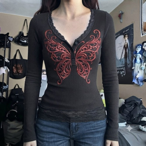 IUAE暗黑风古着辣妹复古V领蕾丝拼接长袖T恤修身显瘦蝴蝶印花上衣