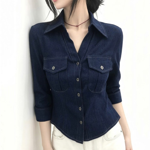 IUAE韩系深蓝收腰显瘦牛仔开衫