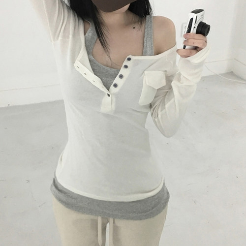 纯欲假两件长袖修身露脐T恤女