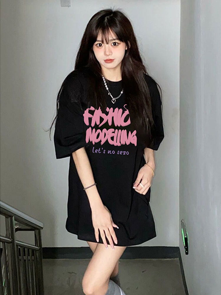 AMERICAN RETRO SHOULDER BLACK SHORT SLEEVE T-SHIRT WOMENS SUMMER 2024 NEW DESIGN SENSE NICHE LOOSE MIDI TOP