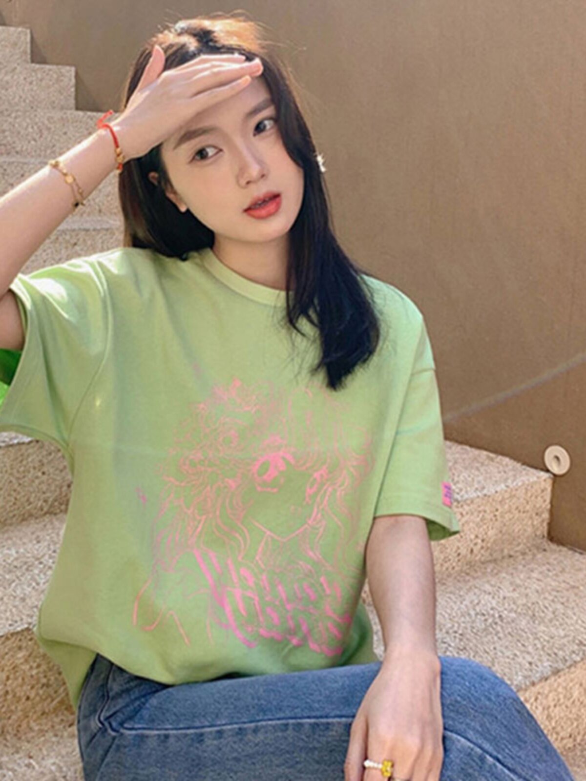 GREEN SHOULDER LOOSE T-SHIRT WOMENS SUMMER SHORT SLEEVE 2024 NEW MID LENGTH PLUS SIZE INS TRENDY DESIGN TOP