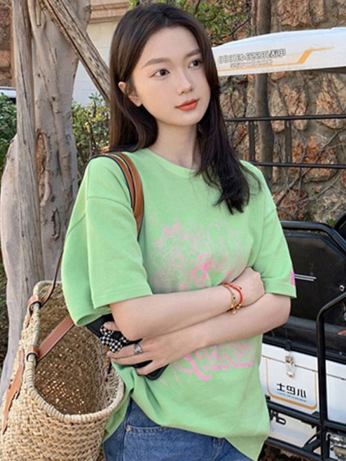 GREEN SHOULDER LOOSE T-SHIRT WOMENS SUMMER SHORT SLEEVE 2024 NEW MID LENGTH PLUS SIZE INS TRENDY DESIGN TOP